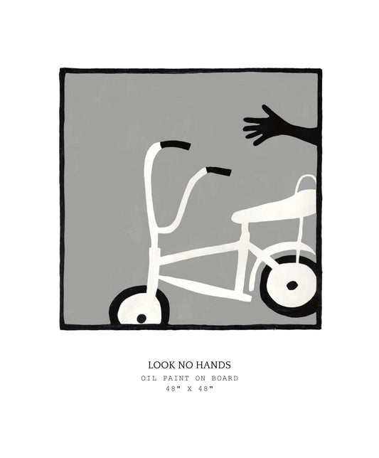 Artistic depiction of a child's bicycle with a hand reaching out, on a gray background.