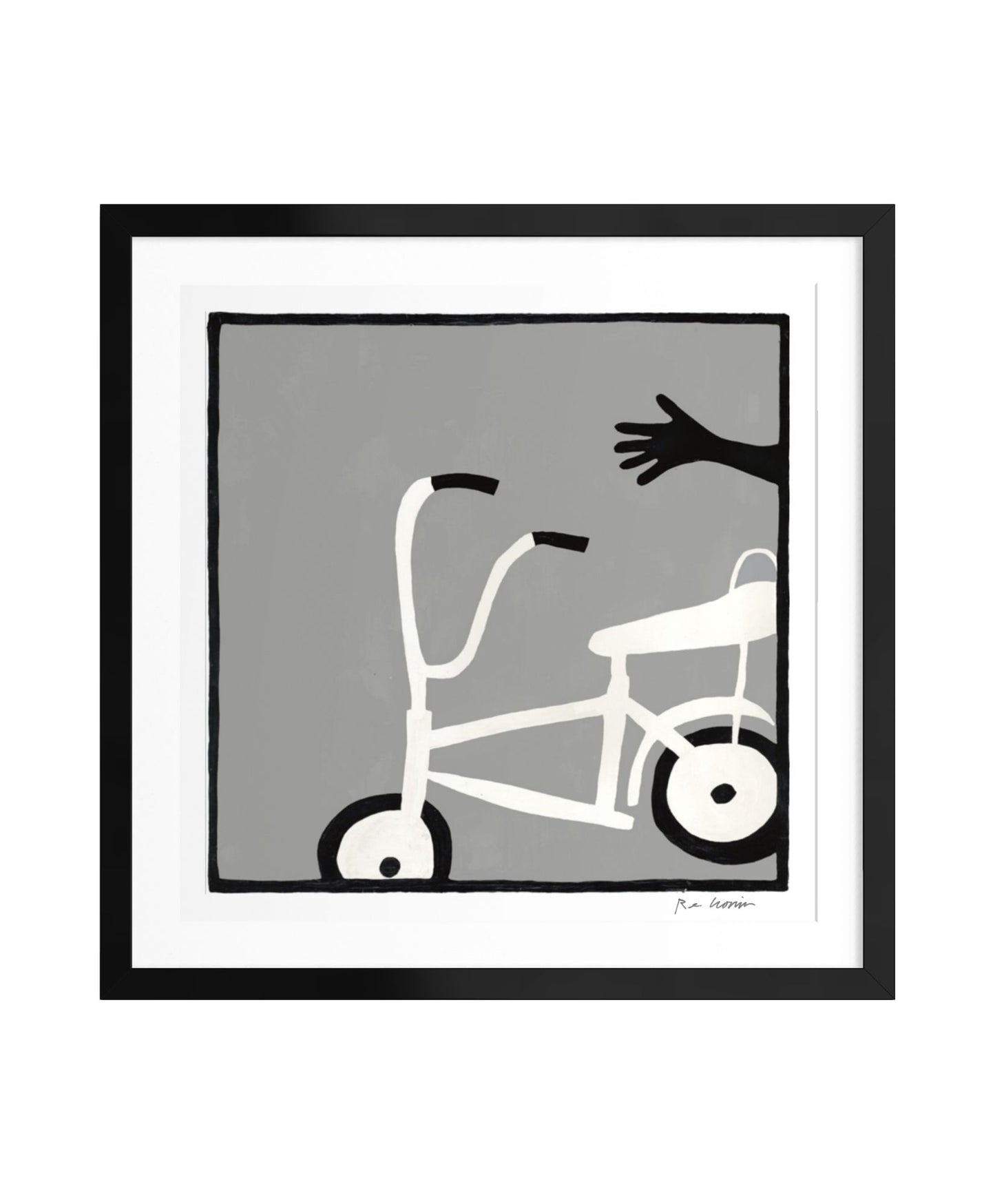Framed artwork of a stylized tricycle and hand on a gray background
