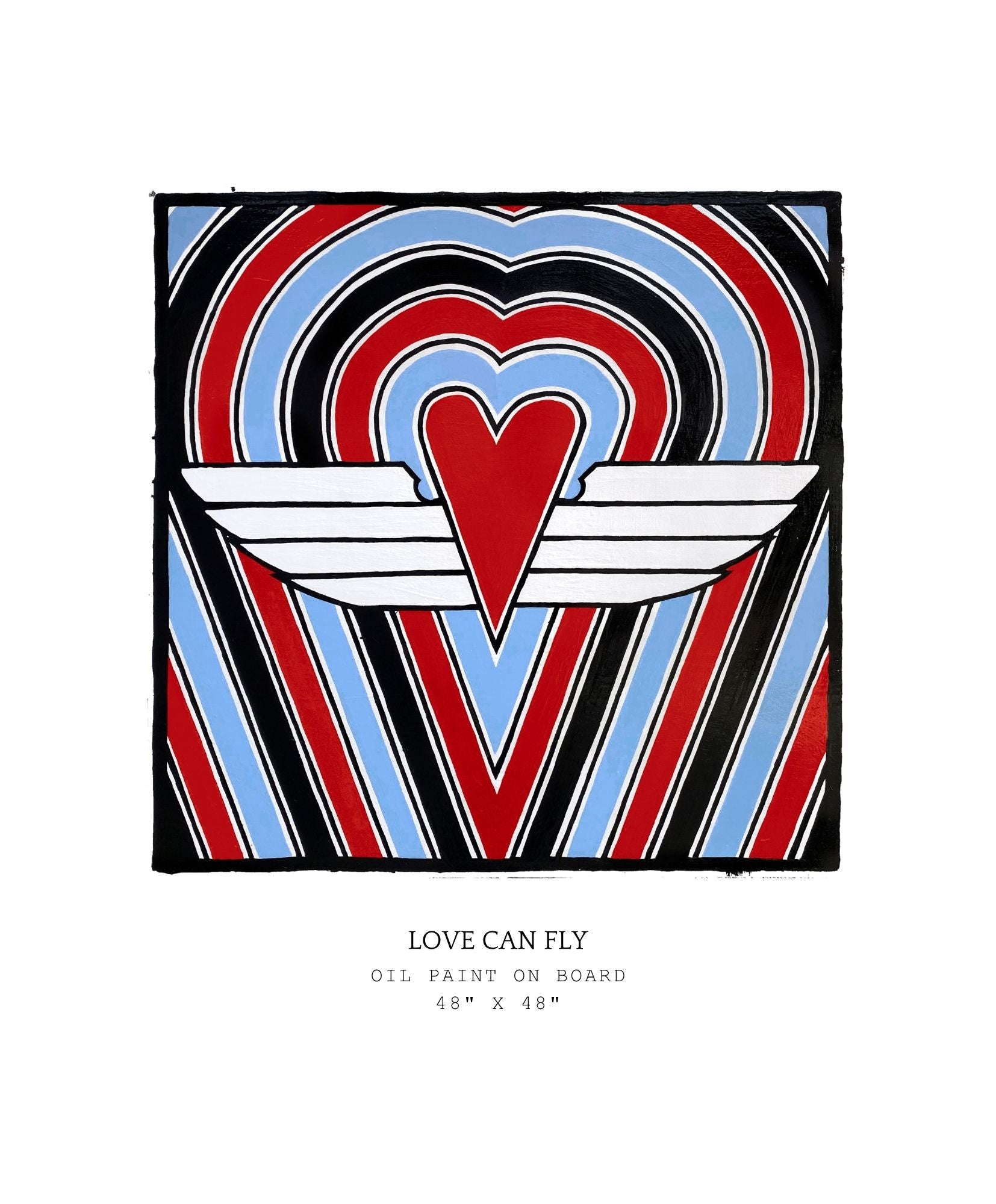 Artistic depiction of a heart with wings surrounded by concentric circles in red, blue, and black on a white background.