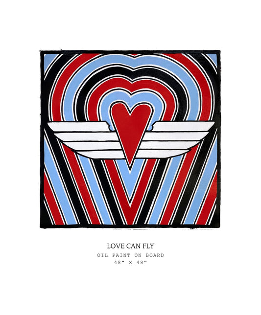 Artistic depiction of a heart with wings surrounded by concentric circles in red, blue, and black on a white background.