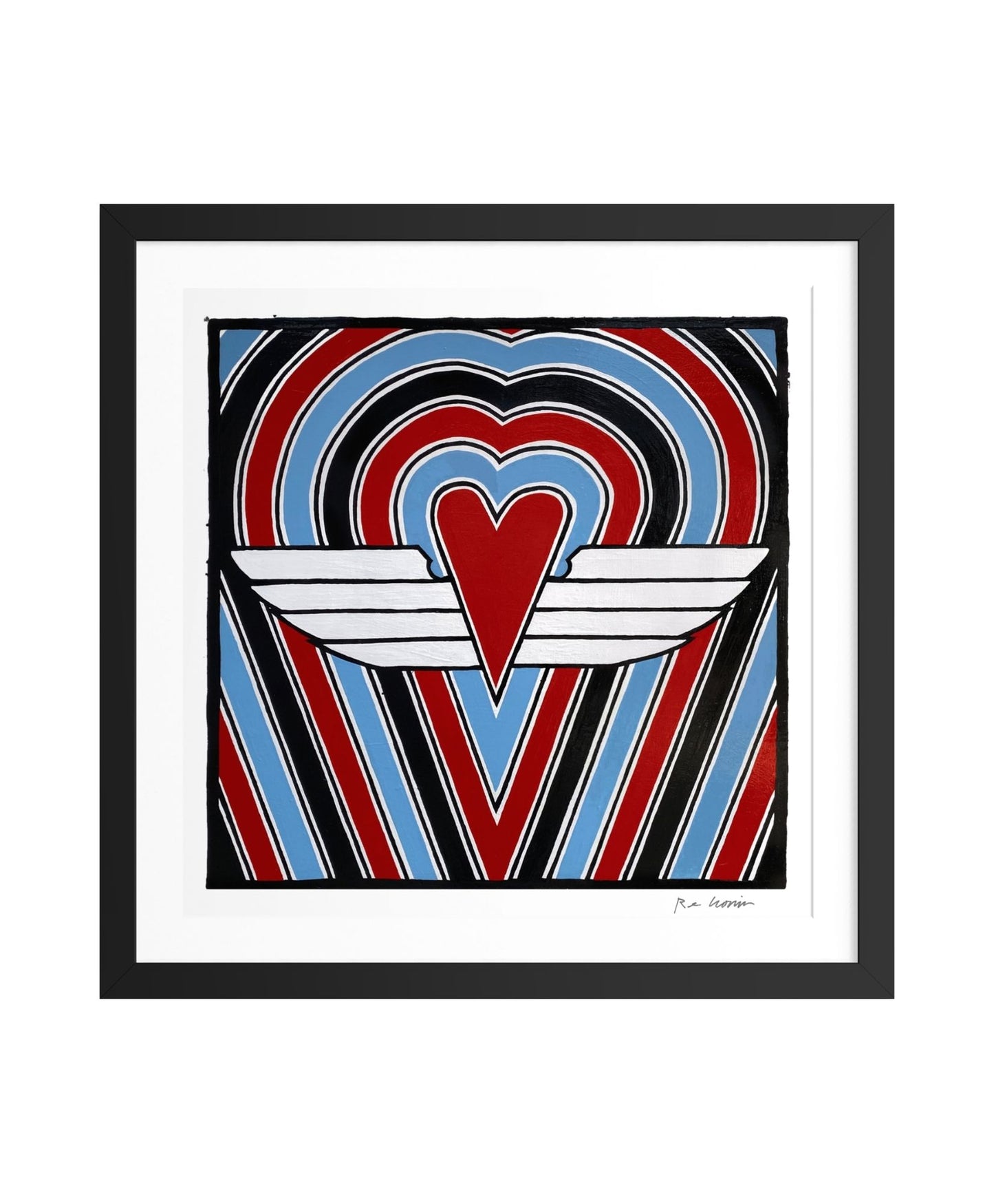 Framed artwork with a heart design featuring wings on a striped background.
