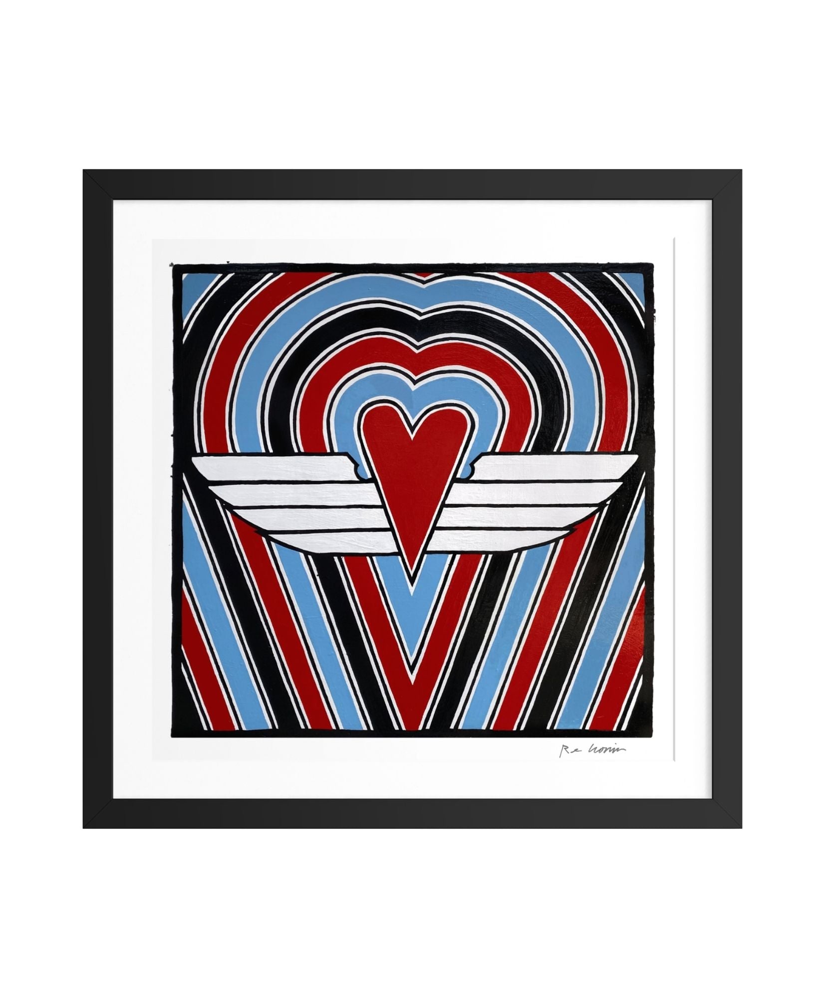 Framed artwork with a heart design featuring wings on a striped background.