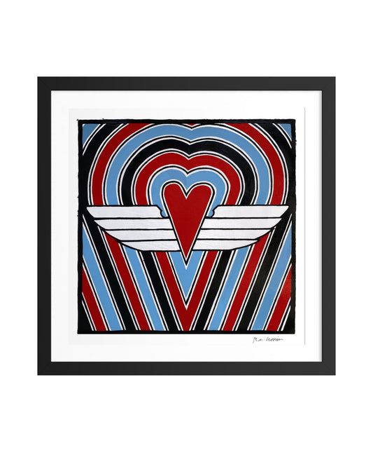 Framed artwork with a heart design featuring wings on a striped background.