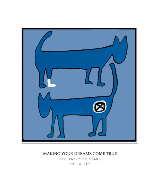 Abstract blue artwork of two dogs on a light blue background with text below.