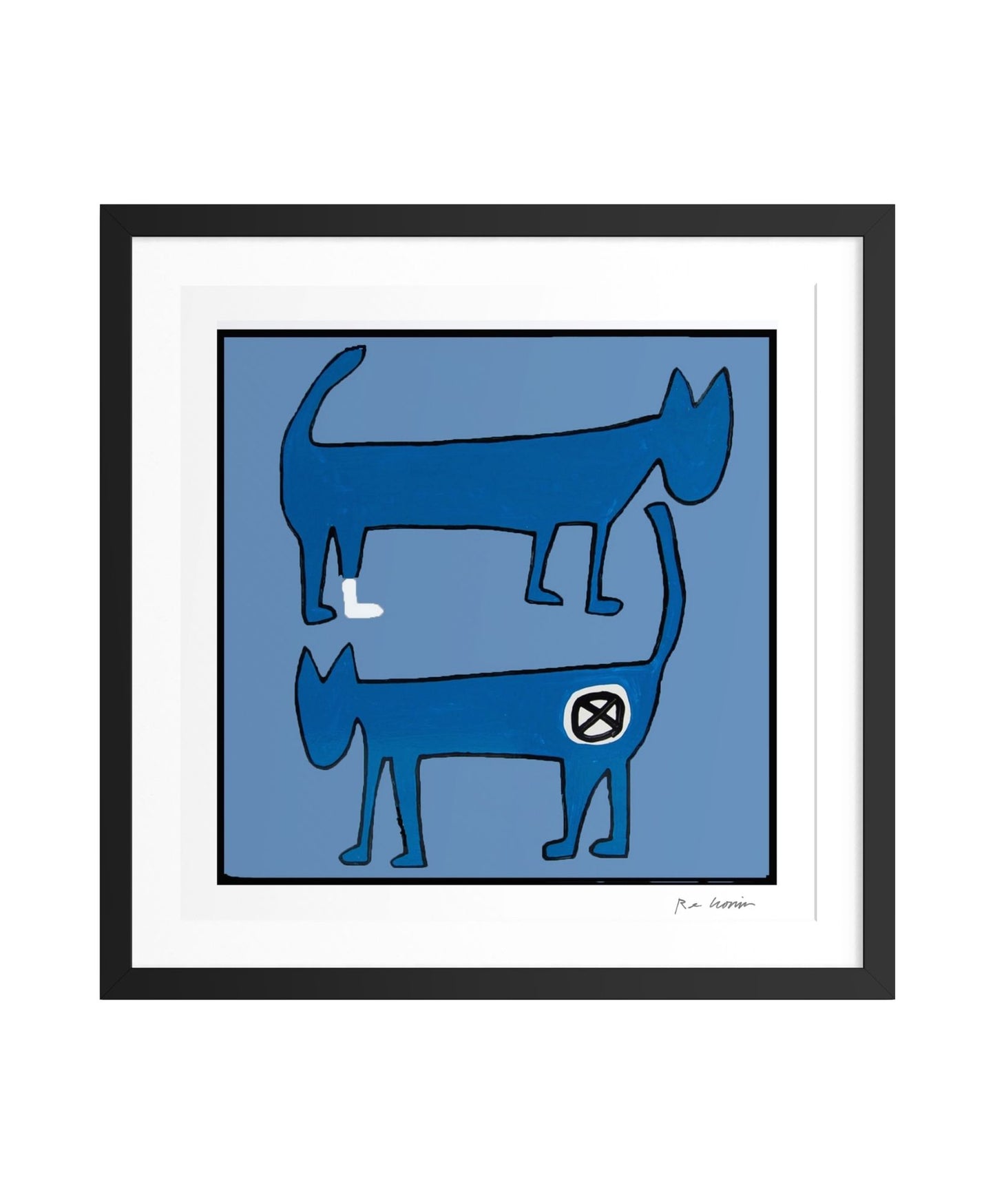 Framed artwork of blue abstract cat design on a white background