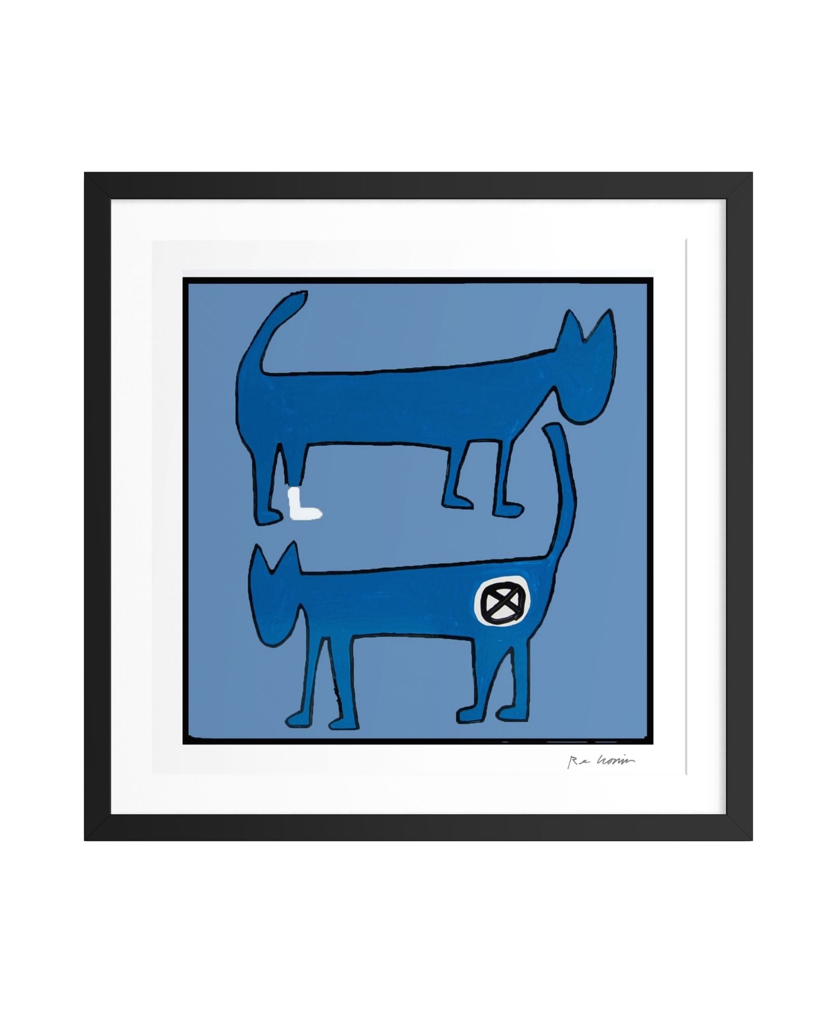 Framed artwork of blue abstract cat design on a white background