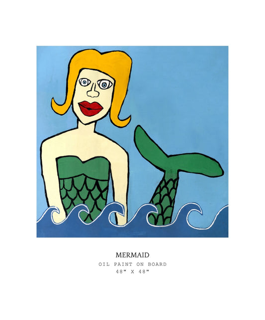 Illustration of a mermaid with green tail and blonde hair on a blue background