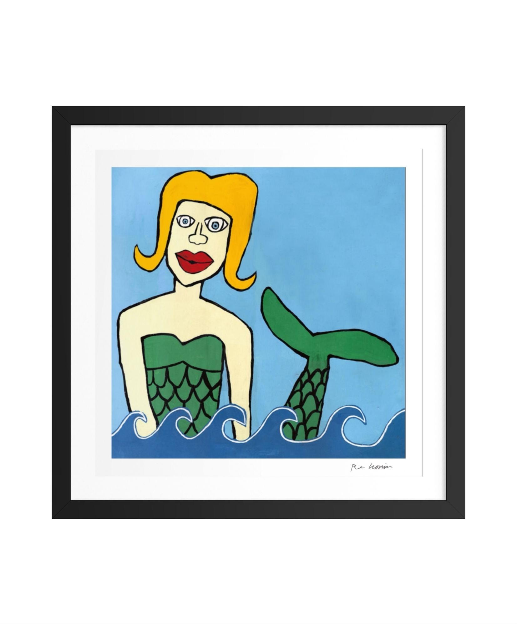 Illustration of a mermaid with a green tail and blonde hair on a blue background.