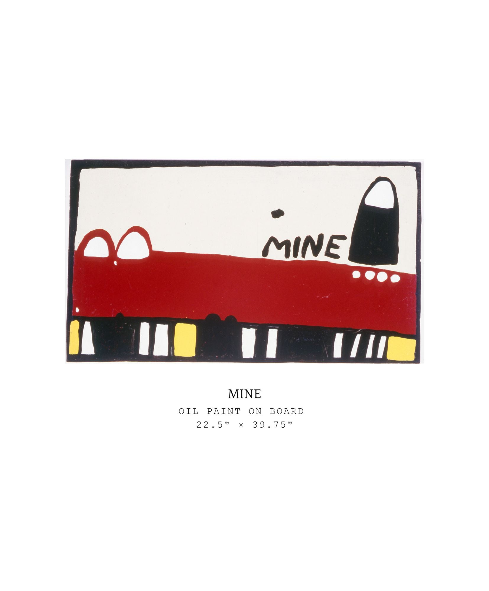 Abstract artwork with a red rectangle labeled 'MINE' on a white background