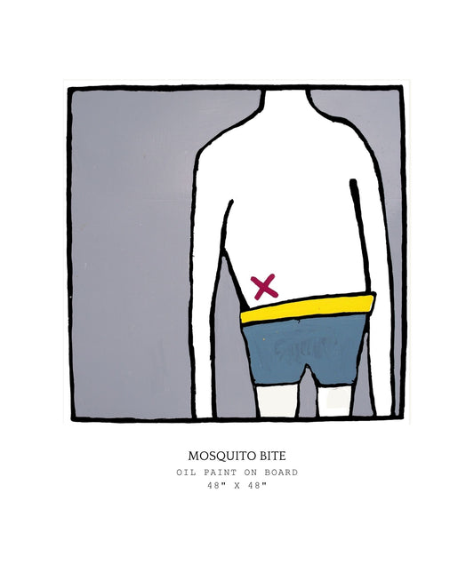 Illustration of a person wearing underwear with a mosquito bite mark, on a gray background