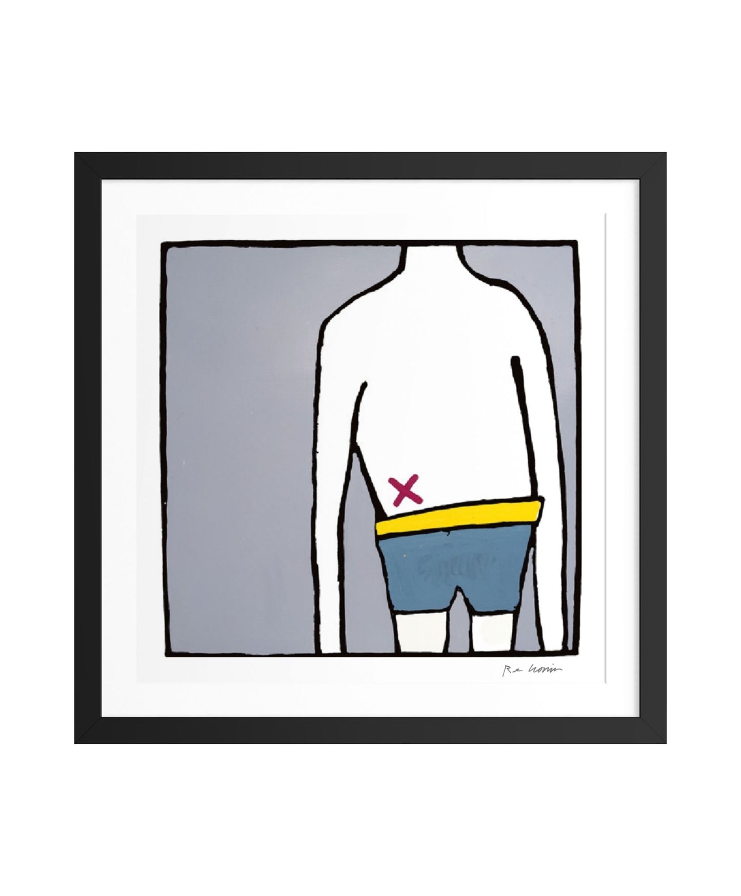Framed artwork of a stylized figure wearing blue underwear with a red 'X' on his lower abdomen from a mosquito bite.