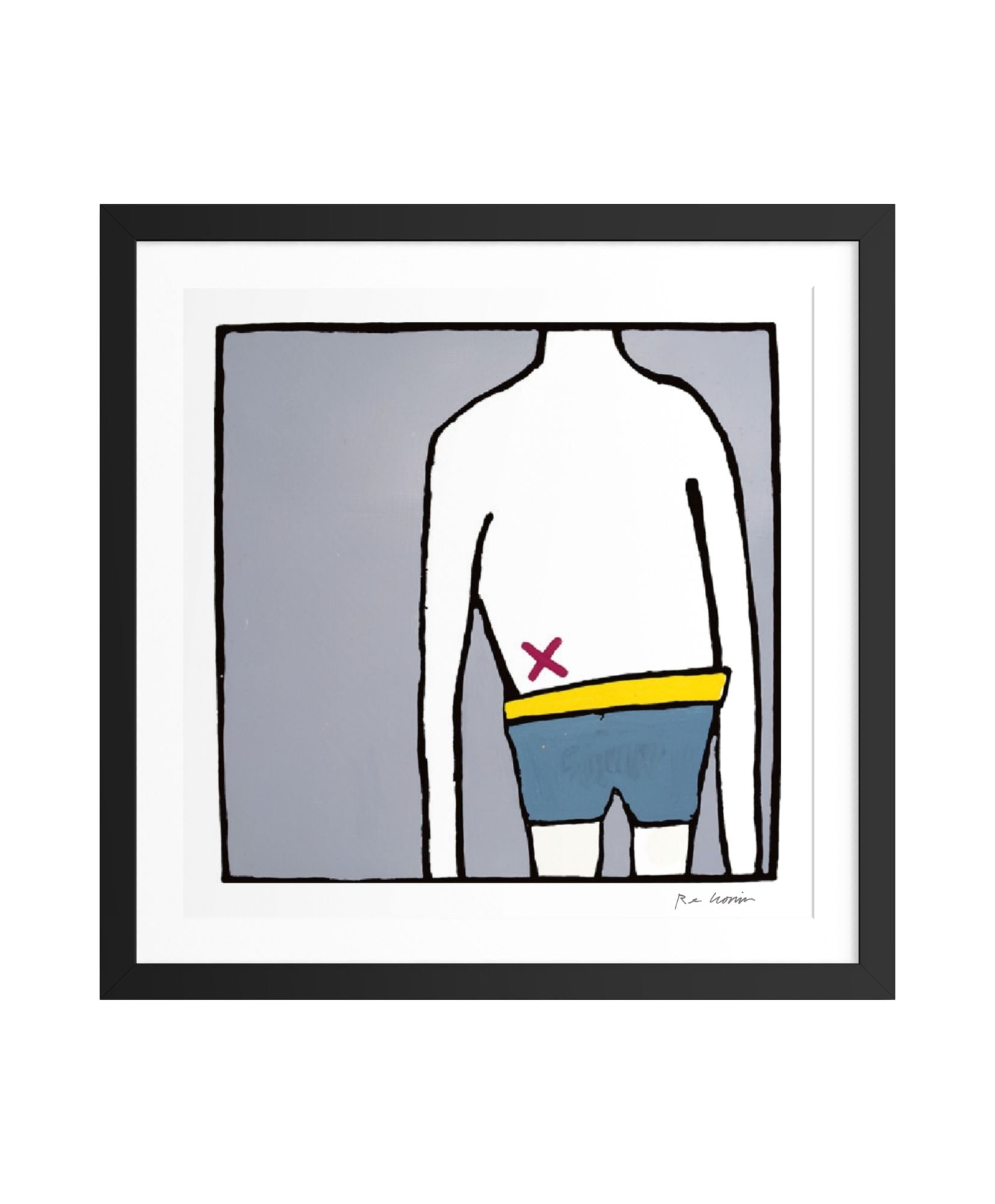 Framed artwork of a stylized figure wearing blue underwear with a red 'X' on his lower abdomen from a mosquito bite.