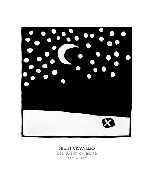 Black and white artwork with a moon and polka dots on a white background