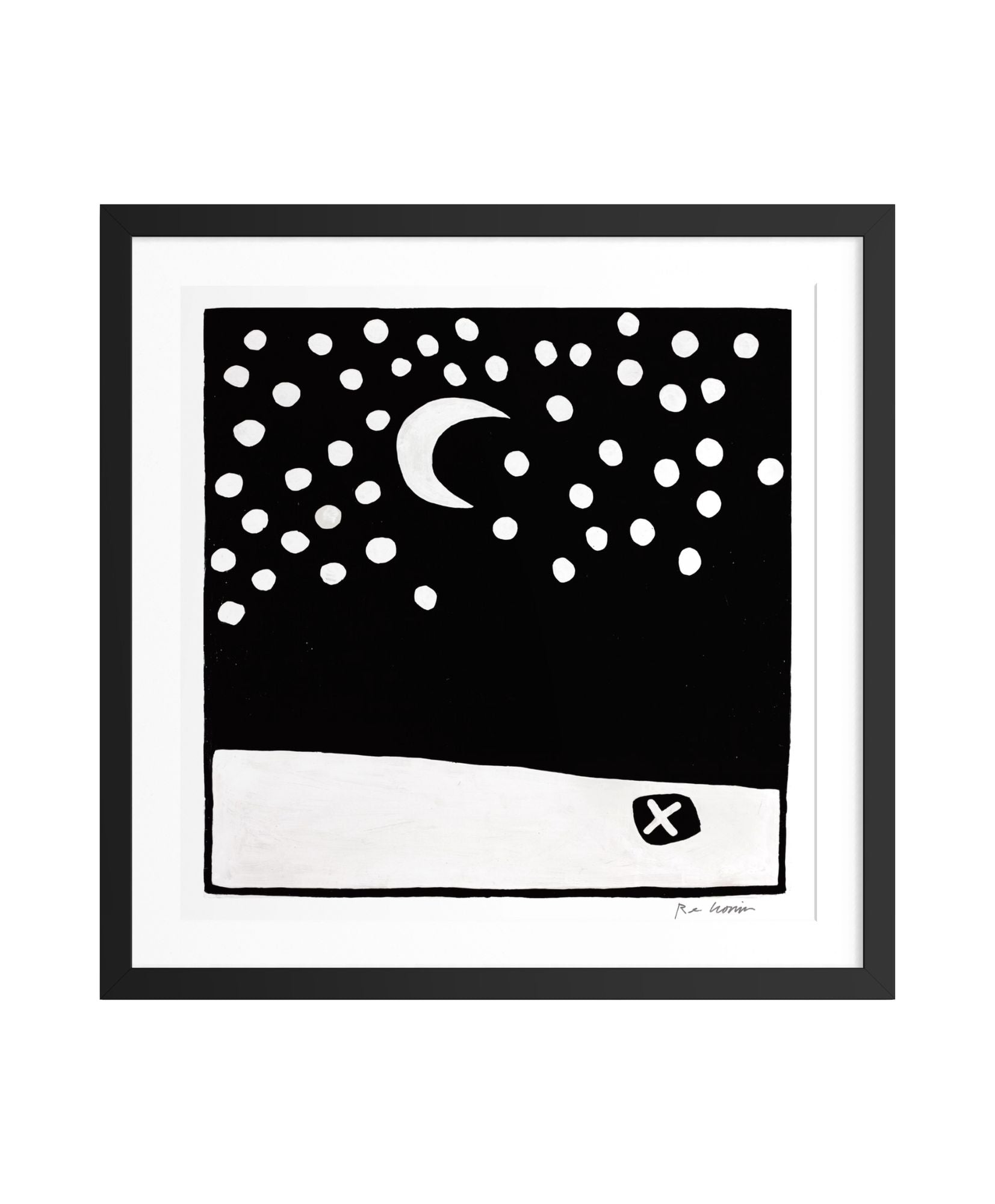 Framed black and white artwork with a moon and star pattern on a dark background.