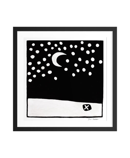 Framed black and white artwork with a moon and star pattern on a dark background.