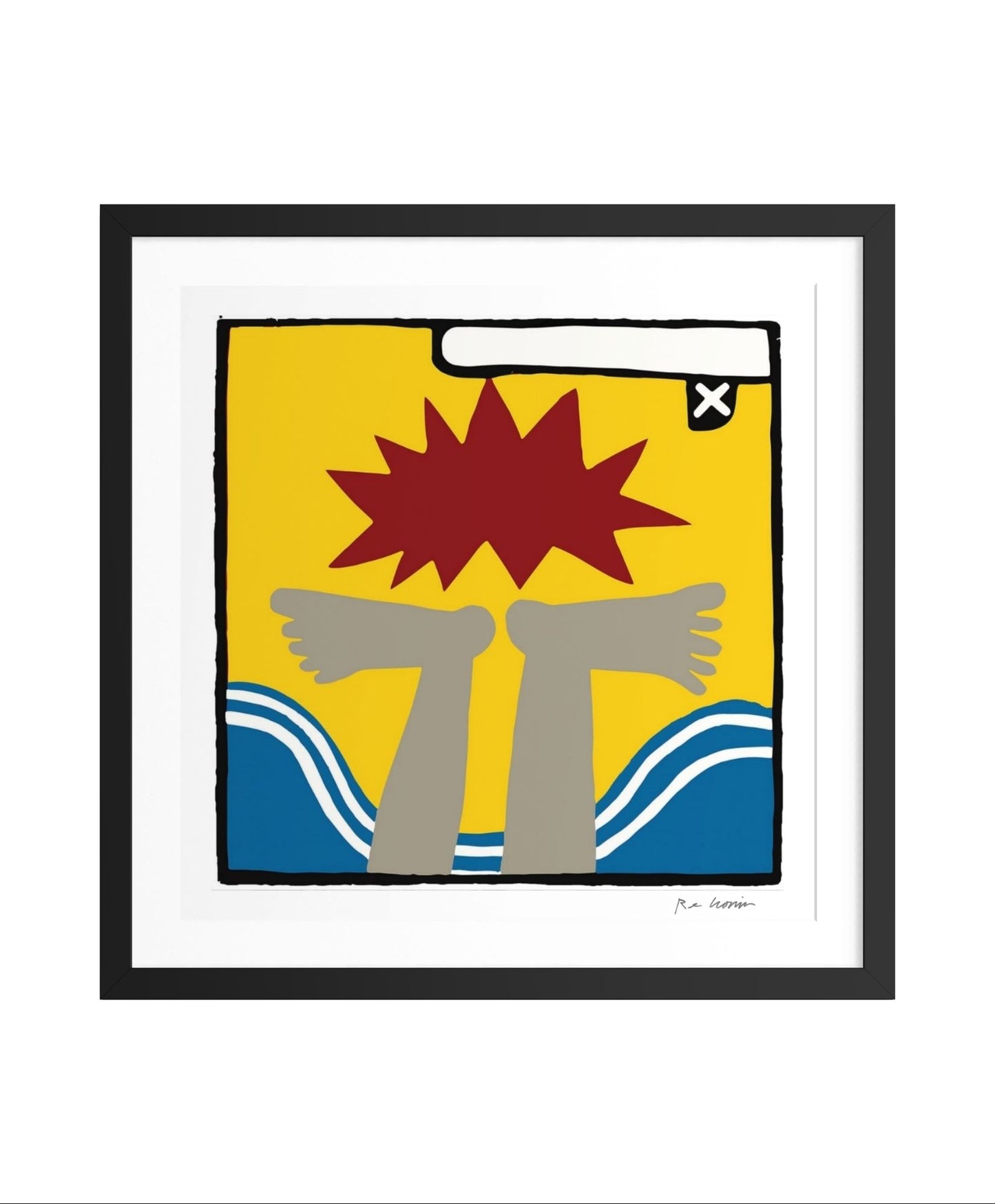 Framed artwork with abstract design of two legs, a red star, and blue waves on a yellow background.