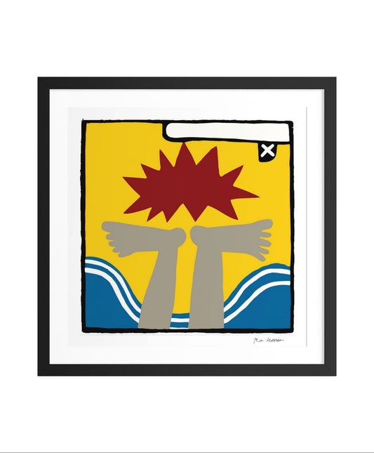 Framed artwork with abstract design of two legs, a red star, and blue waves on a yellow background.