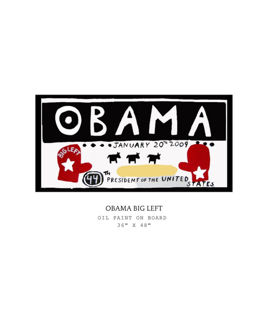 Political artwork with 'Obama' text with the date of his inauguration and red and yellow elements on a white background
