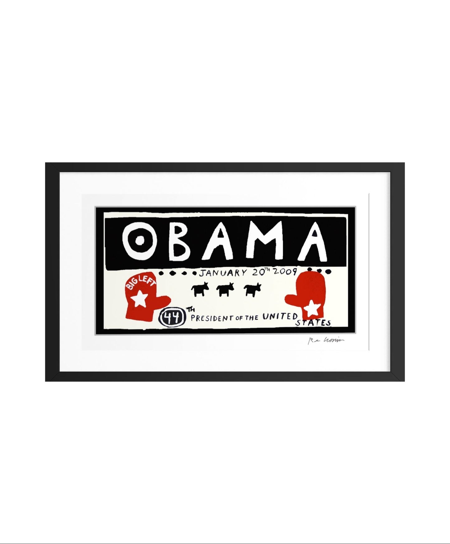 Framed artwork with 'Obama' text and red and black design elements on a white background. Hangs in the Obama Presidential Center in Chicago.