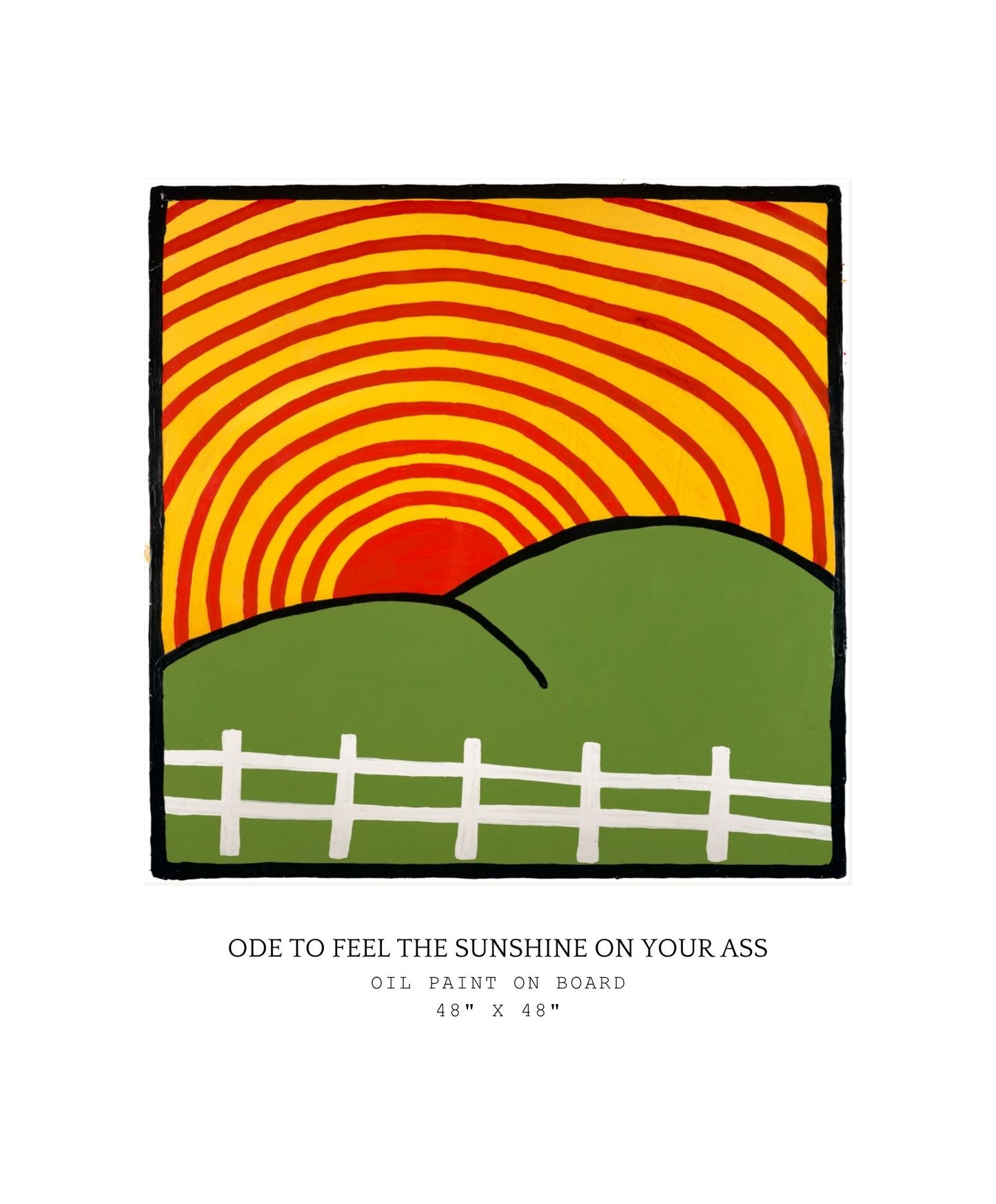 Surreal landscape with red sun, green hills, and white fence on a white background. Hill looks like an ass.