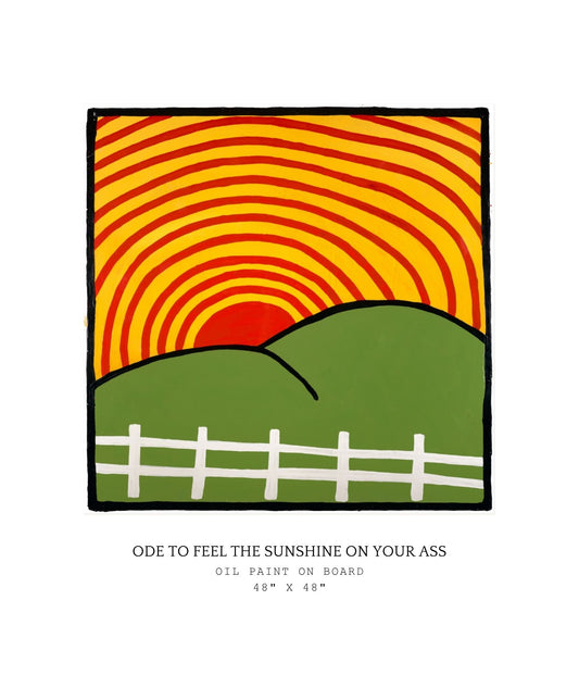 Surreal landscape with red sun, green hills, and white fence on a white background. Hill looks like an ass.