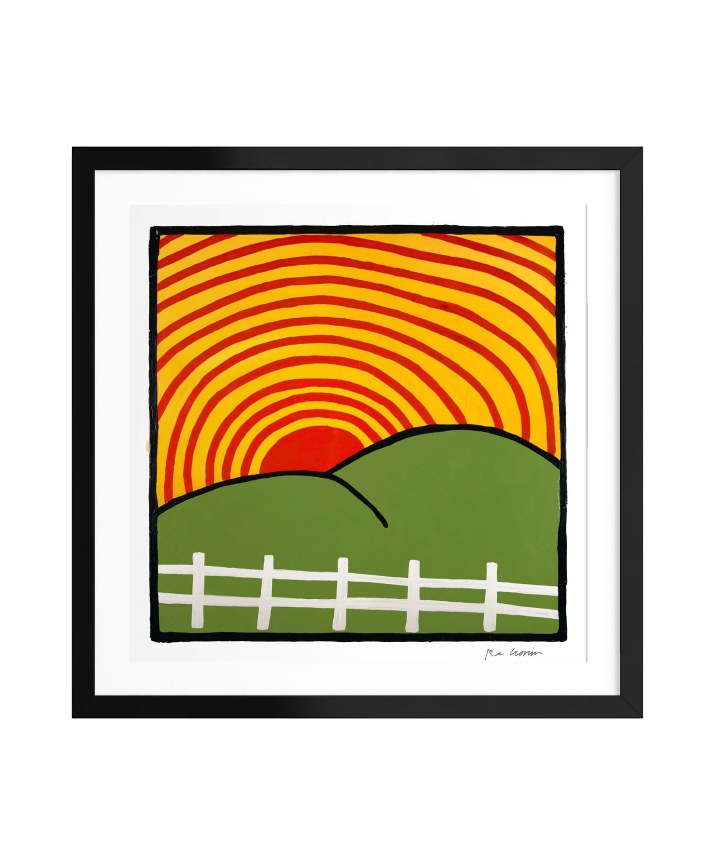 Framed artwork with a stylized landscape featuring a red and orange sun, green hills, and a white fence.