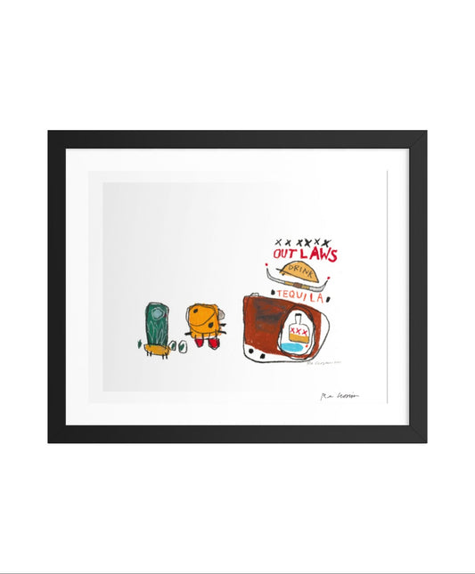 Framed artwork with cartoon-style illustrations on a white background