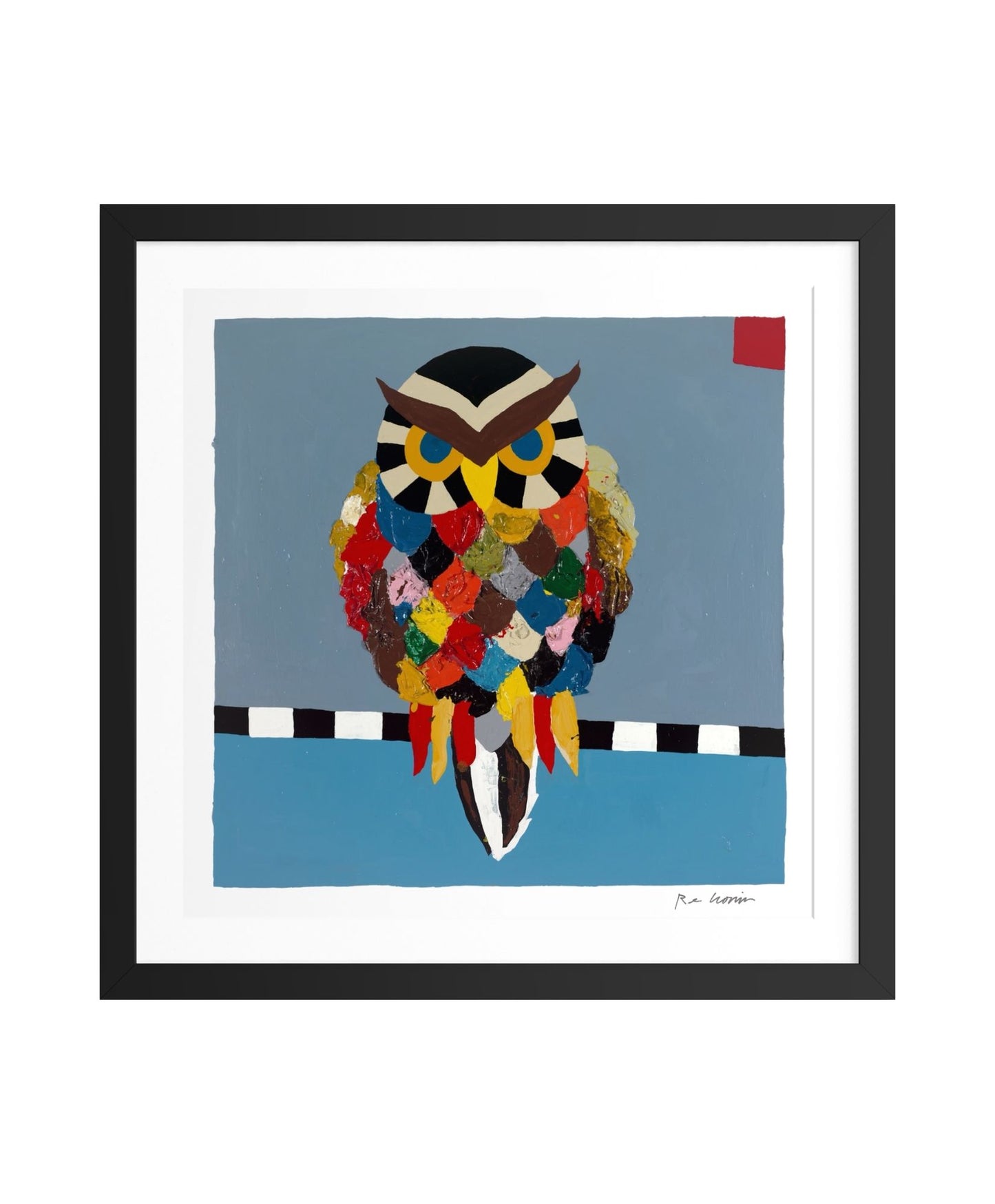 Framed artwork of a colorful owl on a blue background. Part of Cronin's "Things With Wings" series.