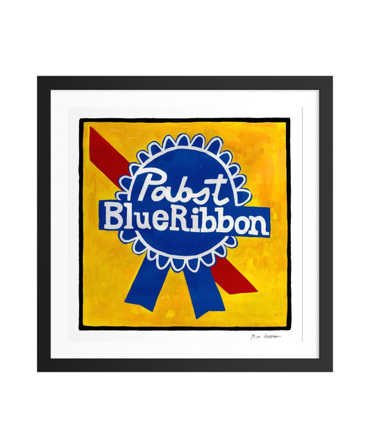 Framed Pabst Blue Ribbon vintage logo on a yellow background