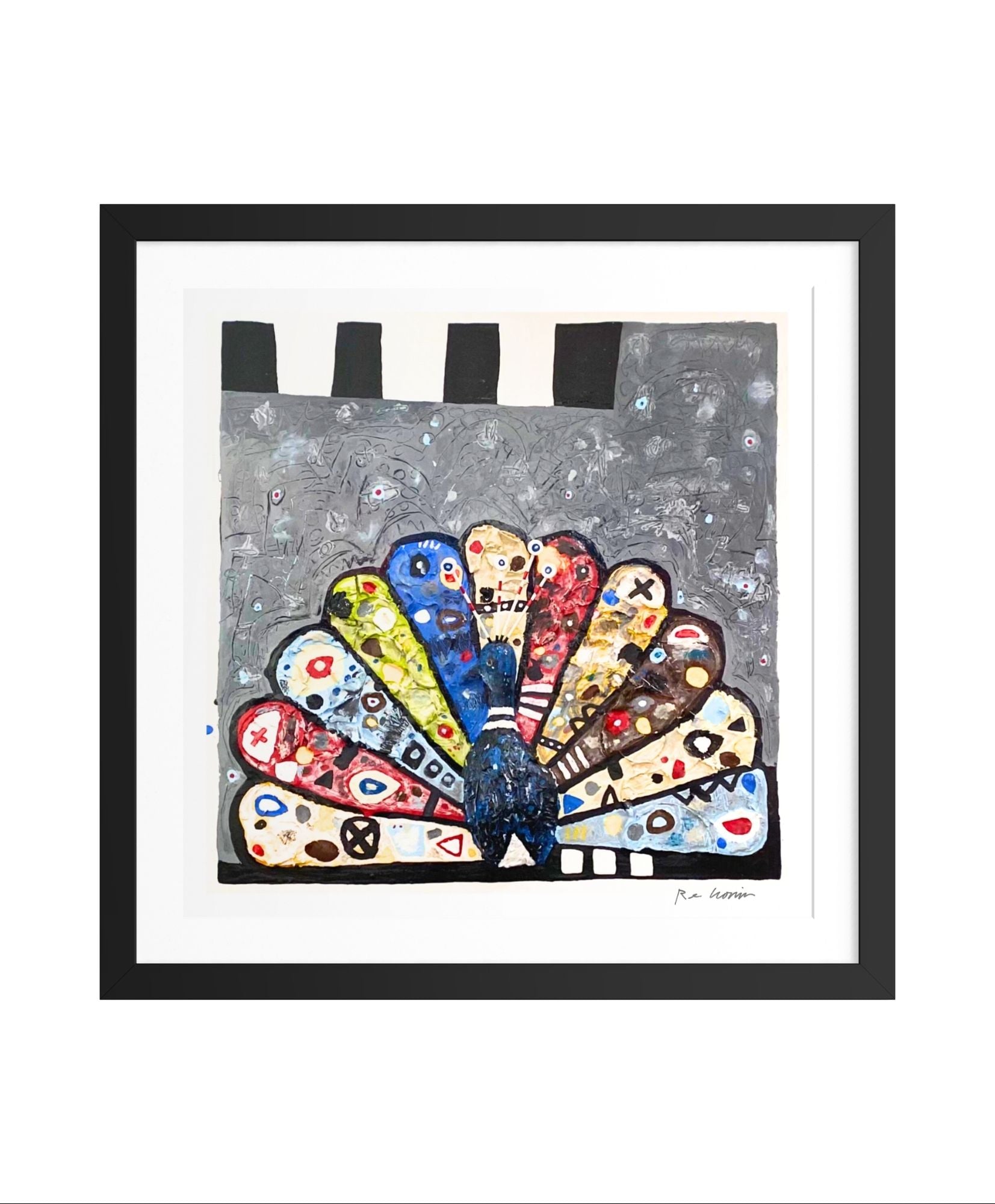 Framed artwork of a colorful abstract design on a gray background. Part of Cronin's "Things With Wings" series.