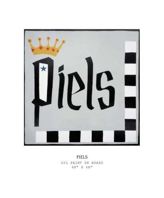 Artwork with vintage logo 'Piels' text and a crown on a gray background