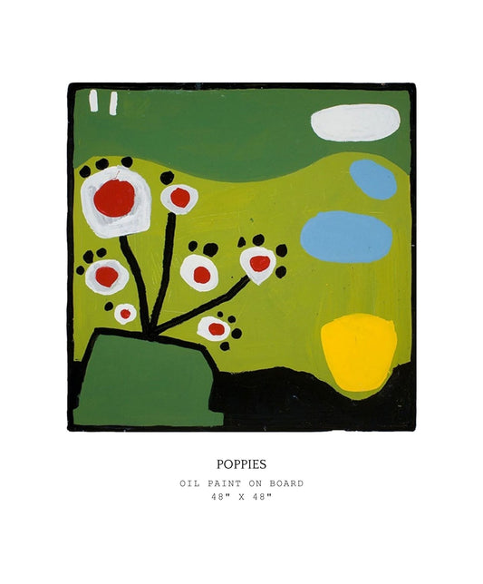 Abstract painting of poppies with a green background, featuring red and white flowers.