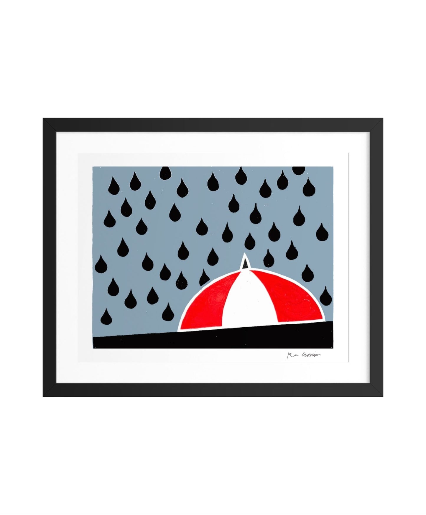 Framed artwork of a red and white umbrella under falling black raindrops on a blue background. Part of the umbrellas on the brain series.