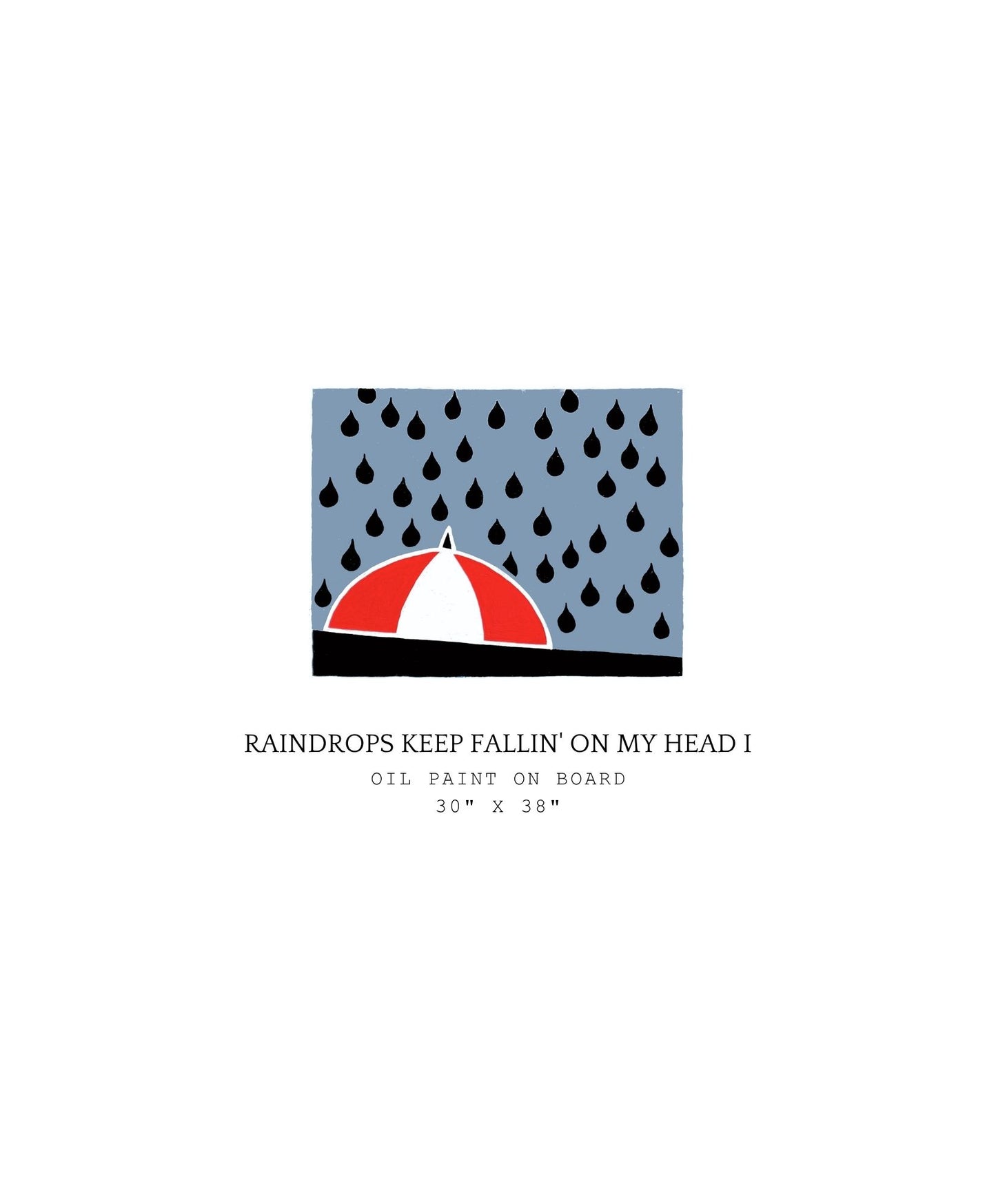 Artistic depiction of raindrops and an umbrella with text with a gray background and black rain drops
