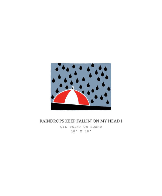 Artistic depiction of raindrops and an umbrella with text with a gray background and black rain drops