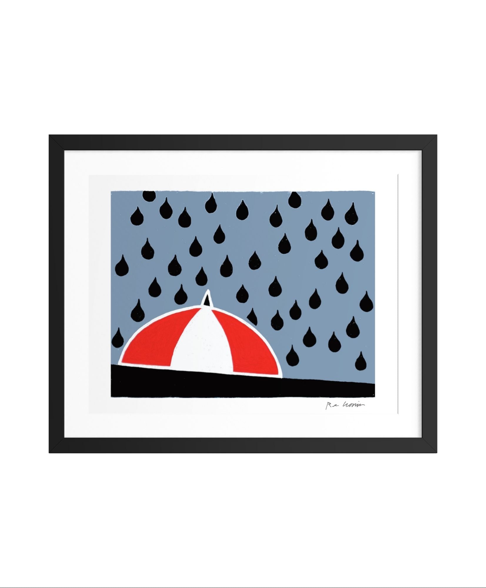 Framed artwork of a red and white umbrella with black raindrops on a blue background. Part of umbrellas on the brain series.