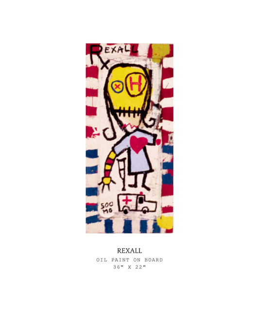 Artistic depiction of a character with a yellow head and red striped background, featuring the brand 'Rexall'.