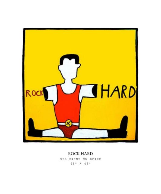 Artistic depiction of a figure in a red outfit with 'Rock Hard' text on a yellow background