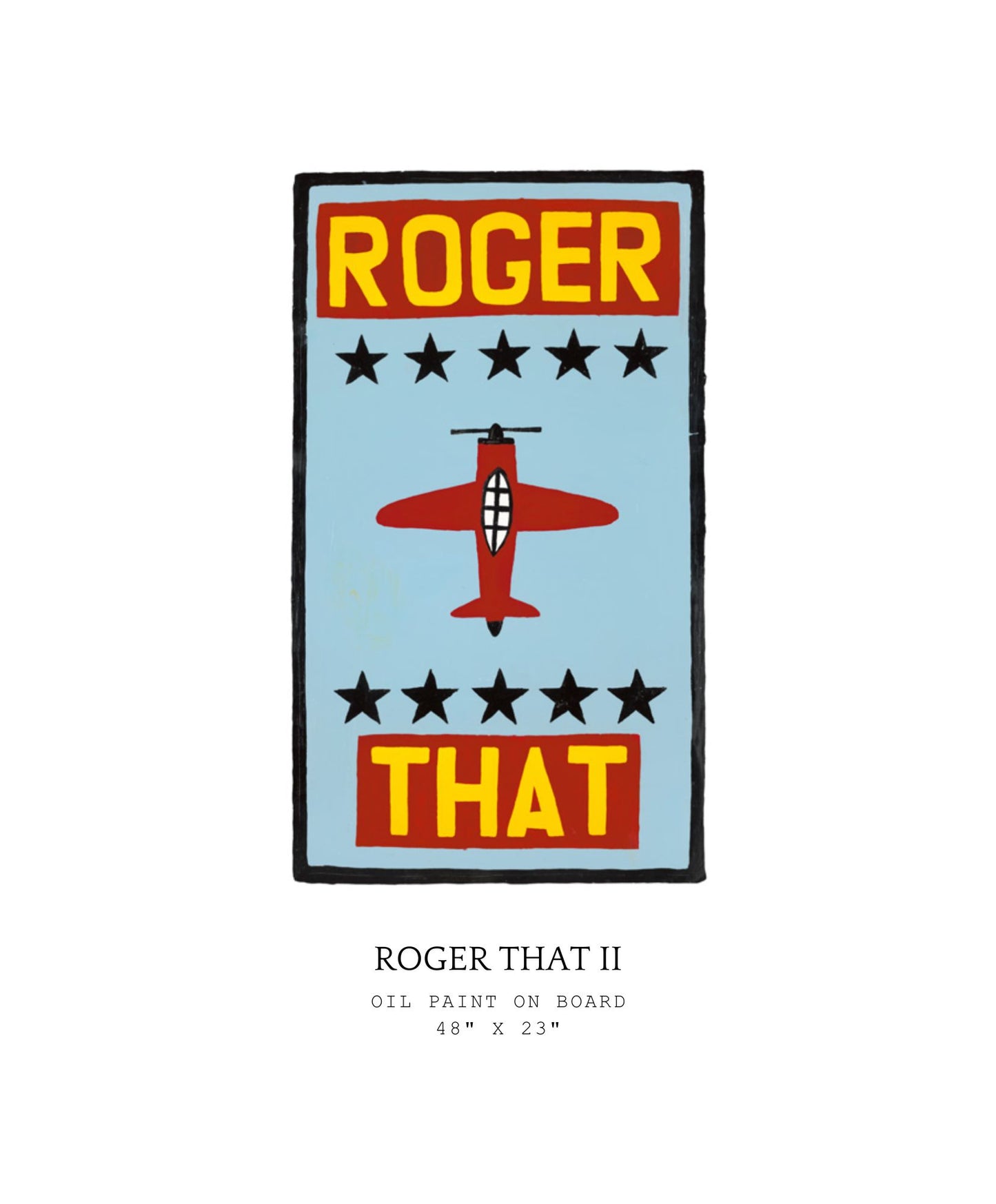 Artistic depiction of a red airplane with 'Roger That' text on a light blue background. Part of Roger That series