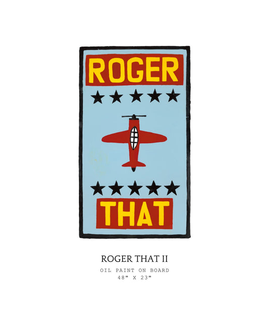 Artistic depiction of a red airplane with 'Roger That' text on a light blue background. Part of Roger That series