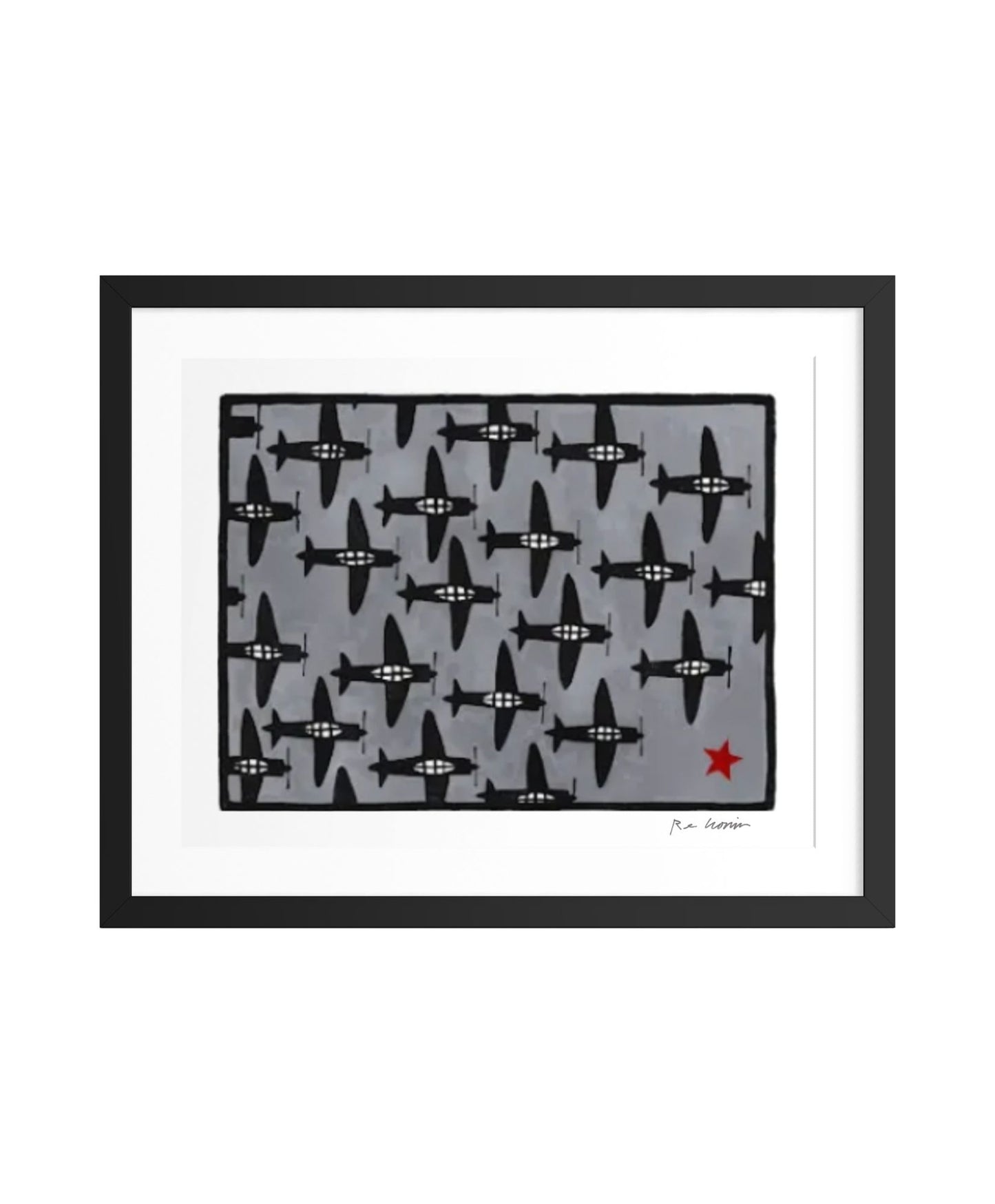 Framed artwork with black and white pattern and red star on gray background. Part of Roger That aviation series.