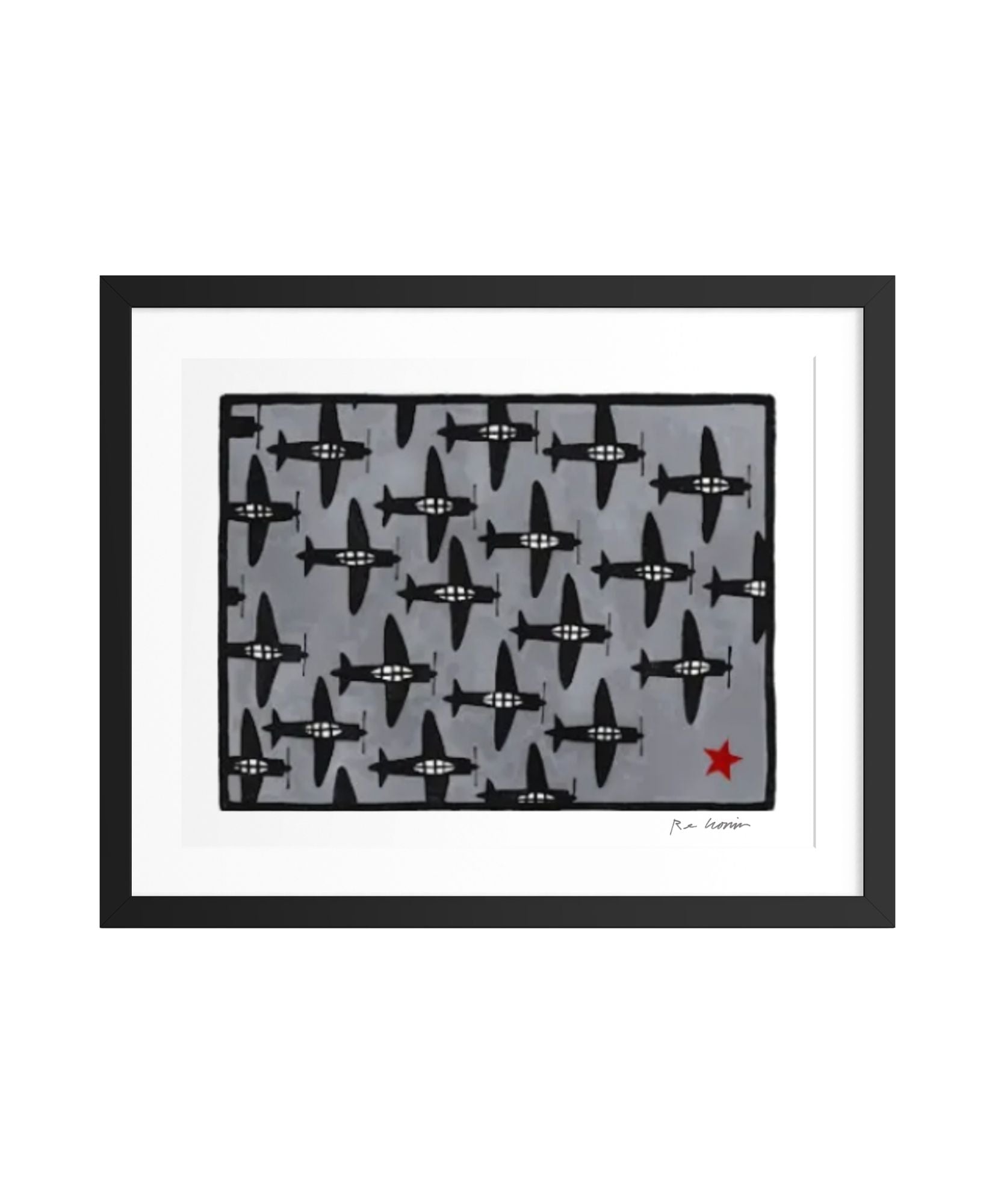 Framed artwork with black and white pattern and red star on gray background. Part of Roger That aviation series.