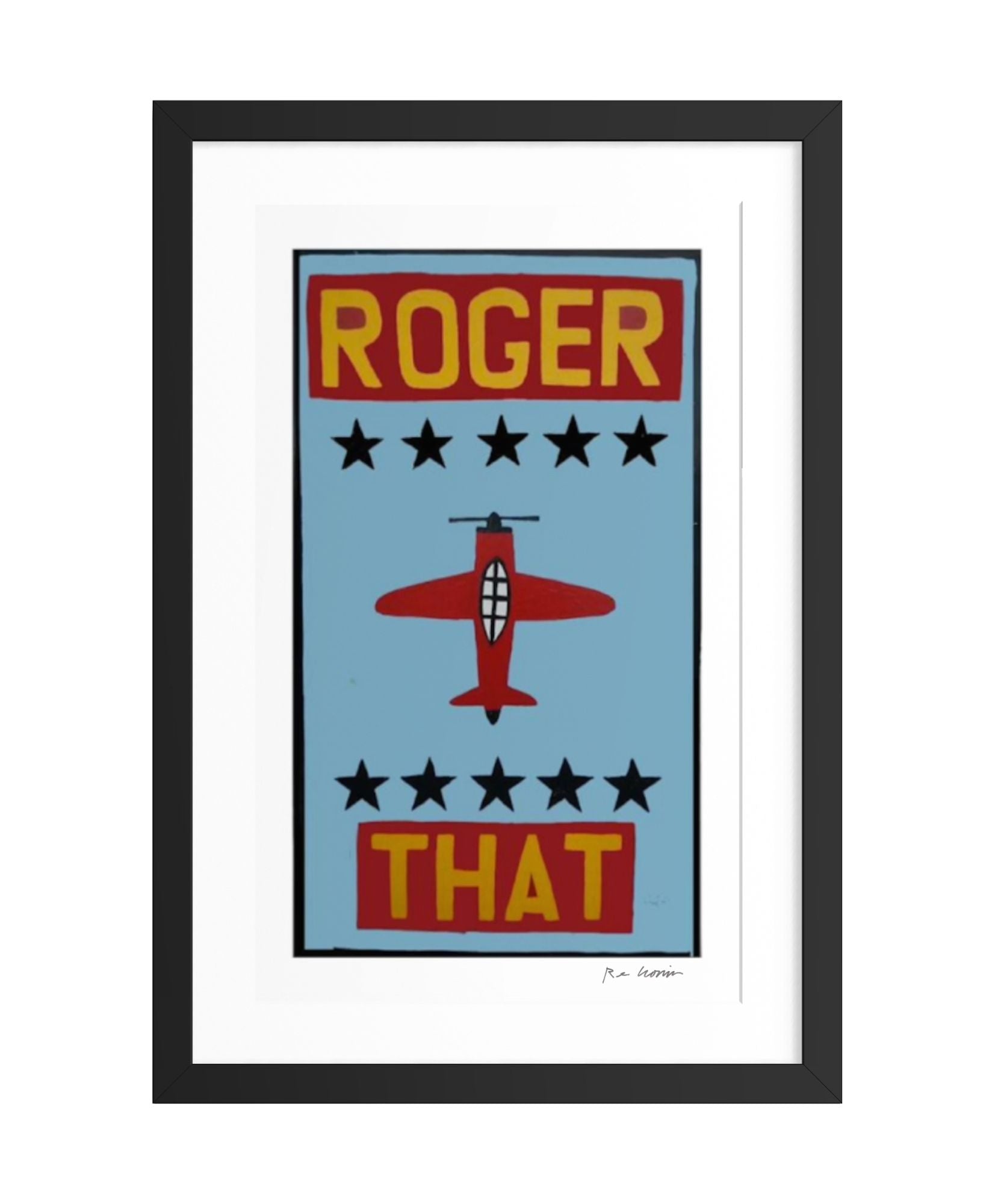 Framed poster with 'Roger That' text and airplane design on a light blue background