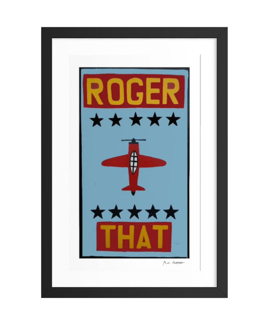 Framed poster with 'Roger That' text and airplane design on a light blue background