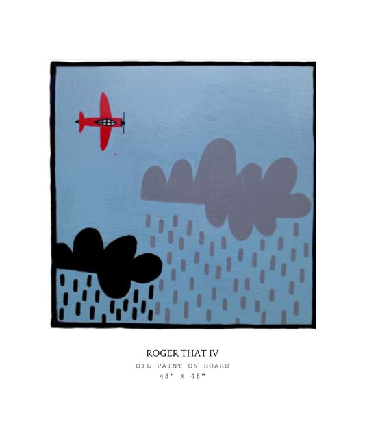 Artistic depiction of a red airplane and clouds on a blue background with 'Roger That IV' text. Part of the "Roger That" series.