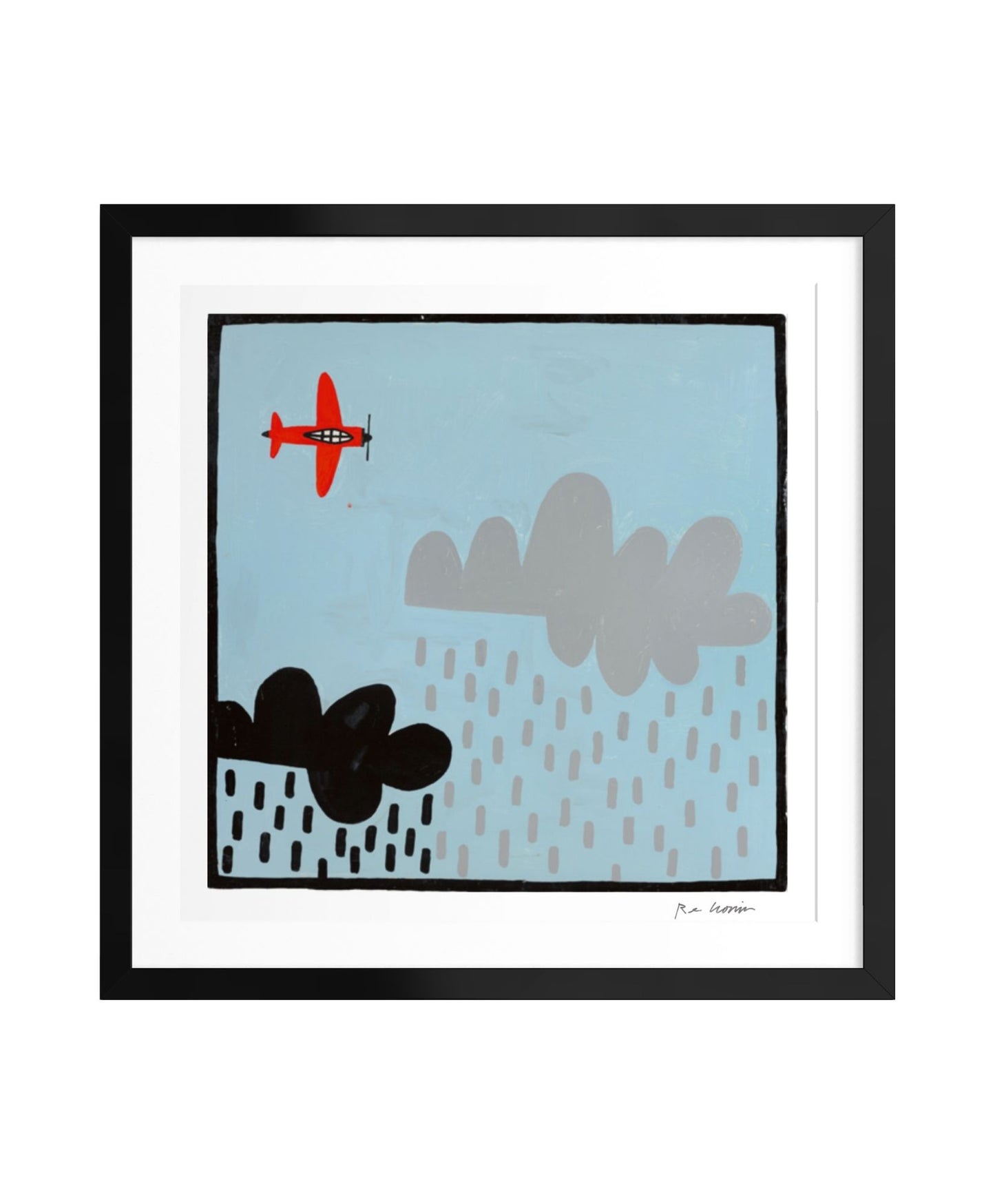 Framed artwork of a red airplane flying over black rocks and gray clouds on a light blue background. Part of the Roger That aviation series.