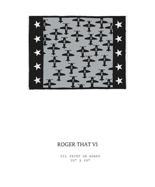 Artistic depiction of airplanes and stars on a gray background with 'Roger That VI' text below. Part of the "Roger That" series.