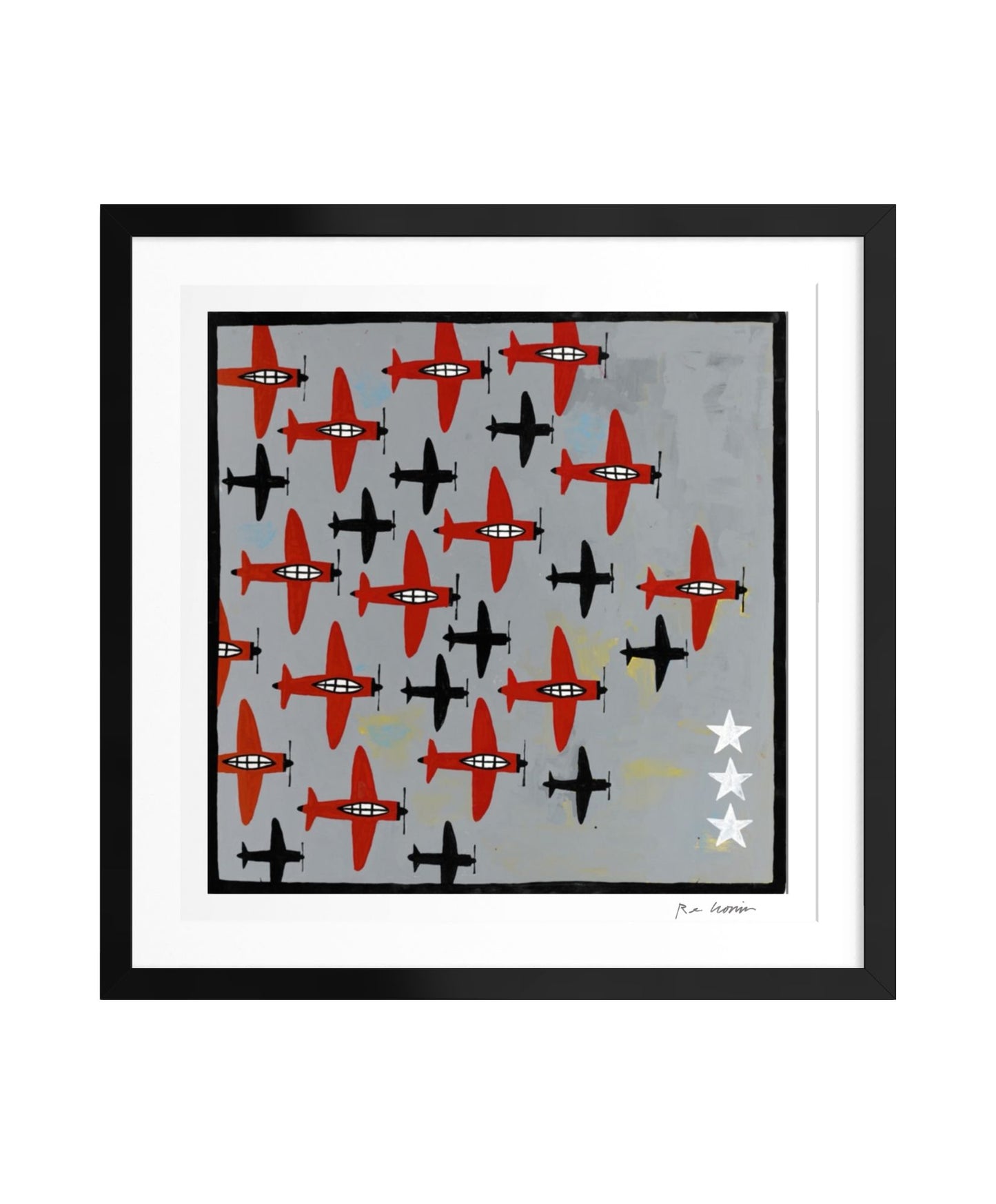 Framed artwork with red and black airplane pattern on a gray background. Part of the Roger That aviation series.
