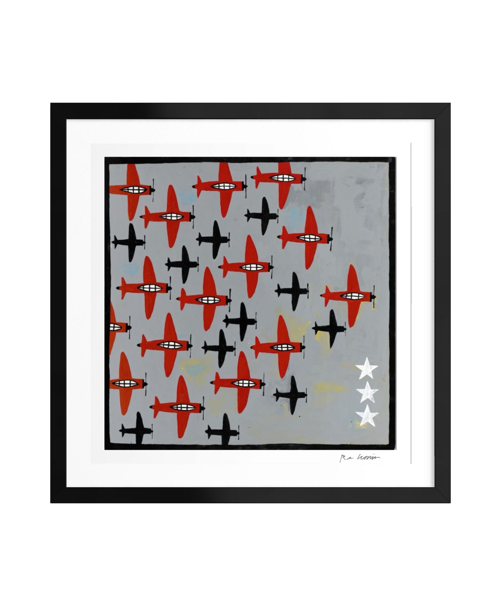 Framed artwork with red and black airplane pattern on a gray background. Part of the Roger That aviation series.