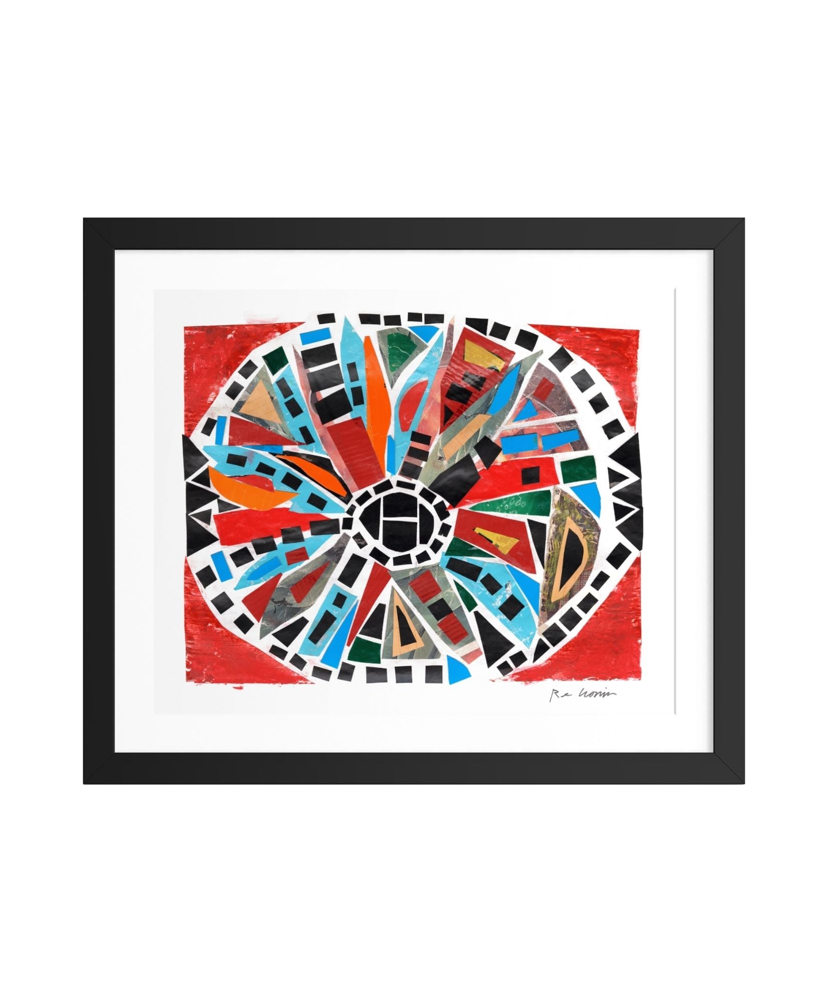 Framed abstract artwork with a colorful geometric design on a red background. Part of a series created during Ryan's artist residency in Senegal through the Josef and Anni Albers Foundation.